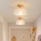 Contemporary Retro Round Dome Bowl Wood Glass 1-light Semi-flush Mount Ceiling Light for Living Room
