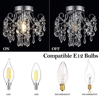 Modern Minimalist Round Branch Iron Crystal 1-Light Semi-Flush Mount Ceiling Light For Living Room
