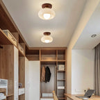 Contemporary Retro Round Oval Orb Hardware Wood Frame Glass Shade 1-Light Semi-Flush Mount Ceiling Light For Living Room
