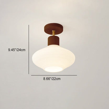 Modern Minimalist Round Oval Stripe Glass Shade Wood Frame 1-Light Semi-Flush Mount Ceiling Light For Hallway
