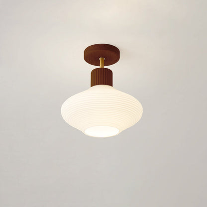 Modern Minimalist Round Oval Stripe Glass Shade Wood Frame 1-Light Semi-Flush Mount Ceiling Light For Hallway