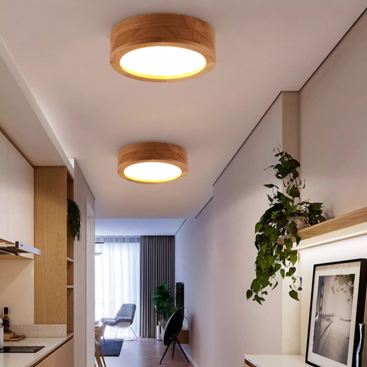 Modern Minimalist Round Wood Acrylic LED Flush Mount Ceiling Light for Hallway