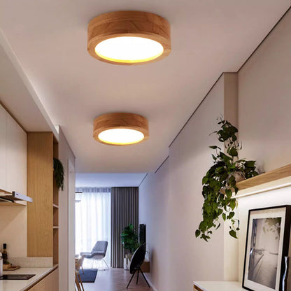 Modern Minimalist Round Wood Acrylic LED Flush Mount Ceiling Light for Hallway