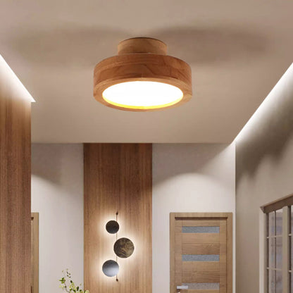Modern Minimalist Round Wood Acrylic LED Flush Mount Ceiling Light for Hallway