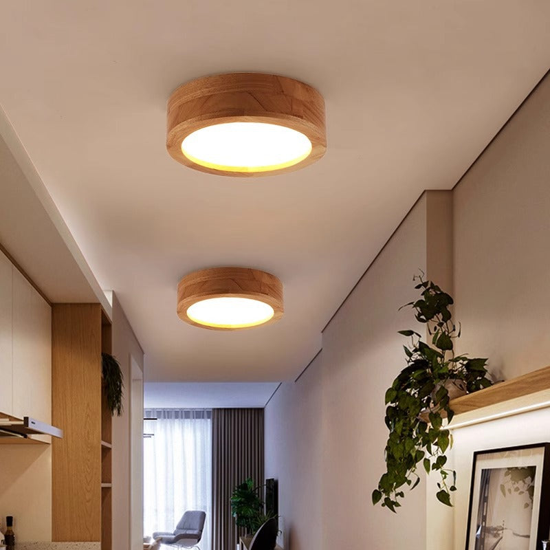 Modern Minimalist Round Wood Acrylic LED Flush Mount Ceiling Light for Hallway
