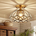 Modern Luxury Round Dome Diamond Shape Brass Frame Glass Shade 1-Light Semi-Flush Mount Ceiling Light For Living Room