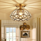 Modern Luxury Round Dome Diamond Shape Brass Frame Glass Shade 1-Light Semi-Flush Mount Ceiling Light For Living Room