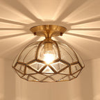 Modern Luxury Round Dome Diamond Shape Brass Frame Glass Shade 1-Light Semi-Flush Mount Ceiling Light For Living Room