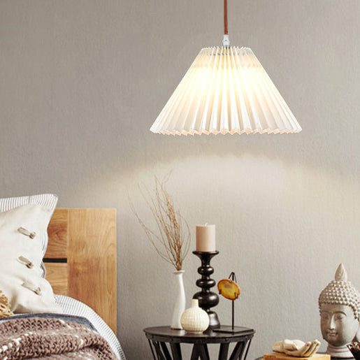 Modern Minimalist Round Pleated Fabric Solid Wood 1-light Pendant Light for Living Room