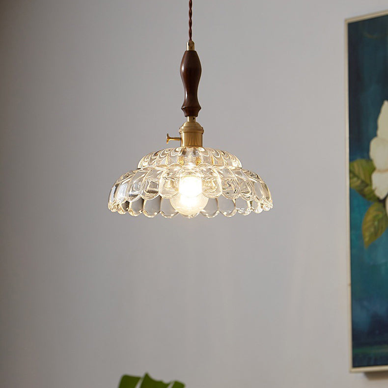 Contemporary Vintage Round Floral All Copper Wood Glass 1-Light Pendant Light For Living Room