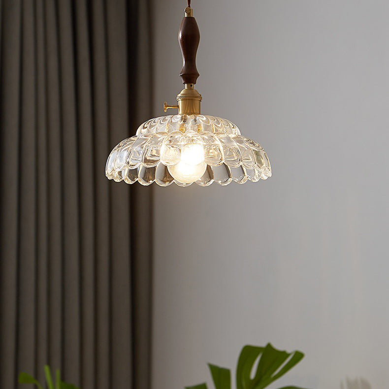 Contemporary Vintage Round Floral All Copper Wood Glass 1-Light Pendant Light For Living Room