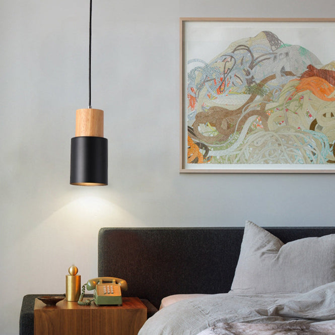 Modern Minimalist Round Cylinder Solid Wood Metal 1-light Pendant Light for Living Room BulbSquare
