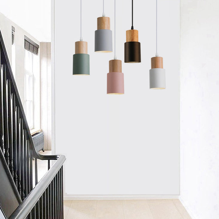 Modern Minimalist Round Cylinder Solid Wood Metal 1-light Pendant Light for Living Room BulbSquare