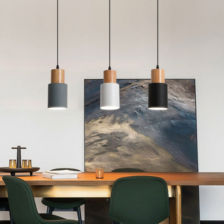 Modern Minimalist Round Cylinder Solid Wood Metal 1-light Pendant Light for Living Room BulbSquare