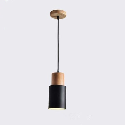 Modern Minimalist Round Cylinder Solid Wood Metal 1-light Pendant Light for Living Room BulbSquare