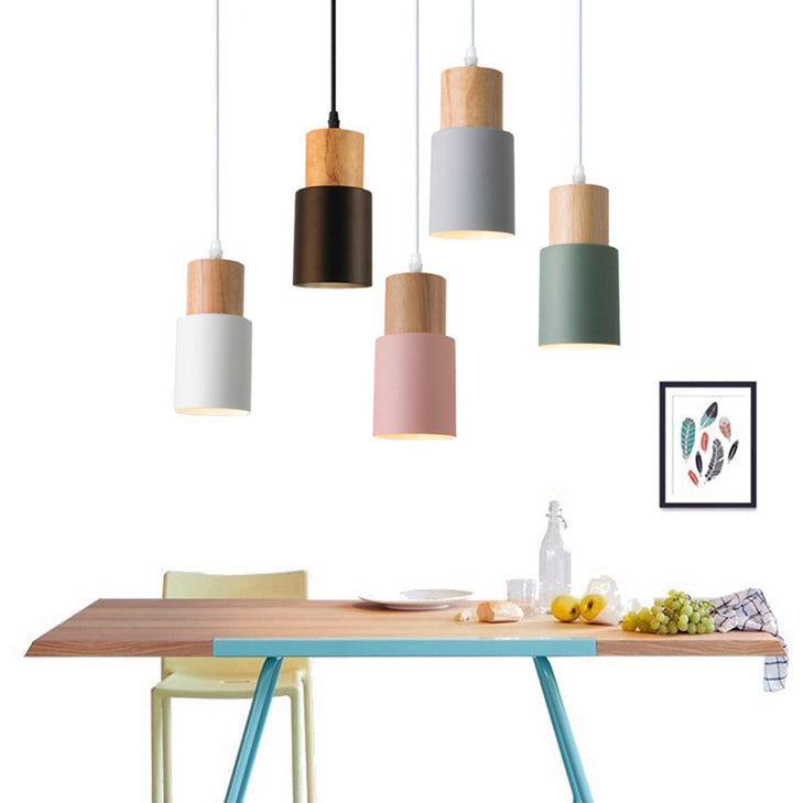 Modern Minimalist Round Cylinder Solid Wood Metal 1-light Pendant Light for Living Room BulbSquare