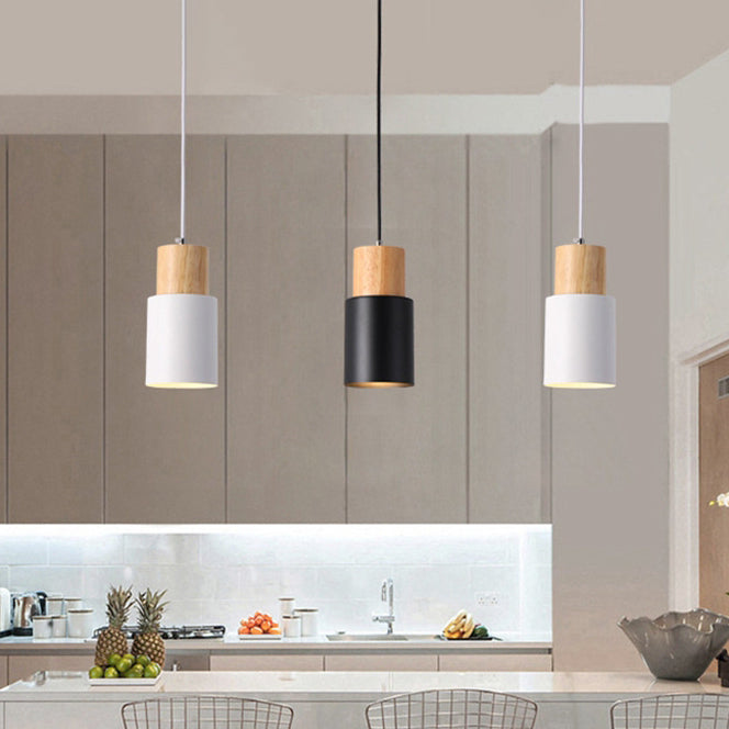 Modern Minimalist Round Cylinder Solid Wood Metal 1-light Pendant Light for Living Room BulbSquare