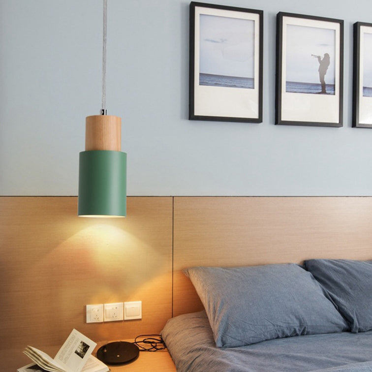 Modern Minimalist Round Cylinder Solid Wood Metal 1-light Pendant Light for Living Room BulbSquare