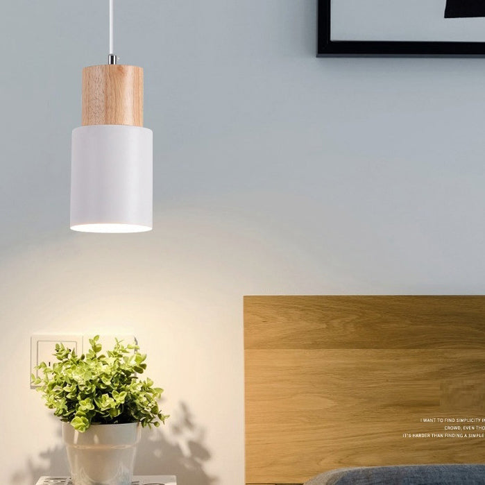 Modern Minimalist Round Cylinder Solid Wood Metal 1-light Pendant Light for Living Room BulbSquare