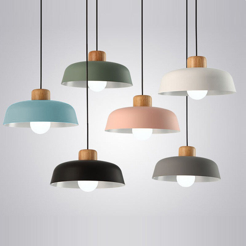 Contemporary Nordic Round Pot Lid Shape Wood Iron 1-light Pendant Light for Living Room BulbSquare