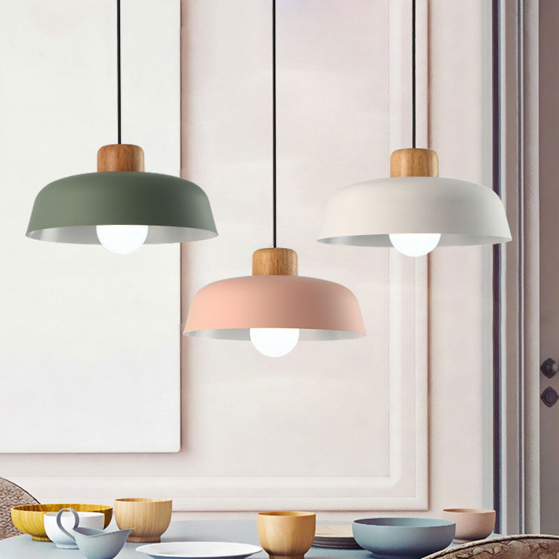 Contemporary Nordic Round Pot Lid Shape Wood Iron 1-light Pendant Light for Living Room BulbSquare