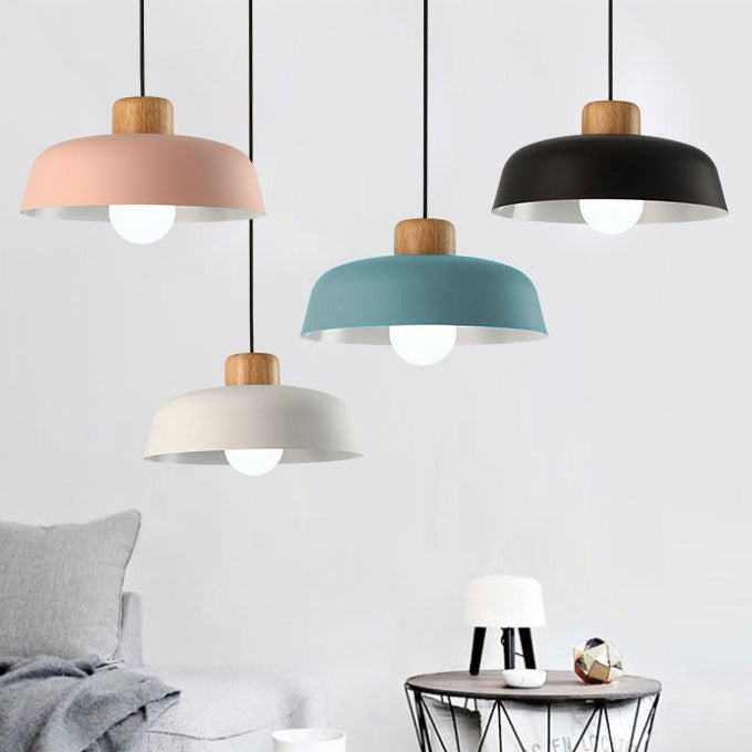 Contemporary Nordic Round Pot Lid Shape Wood Iron 1-light Pendant Light for Living Room BulbSquare