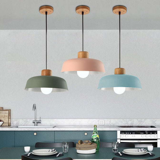 Contemporary Nordic Round Pot Lid Shape Wood Iron 1-light Pendant Light for Living Room BulbSquare