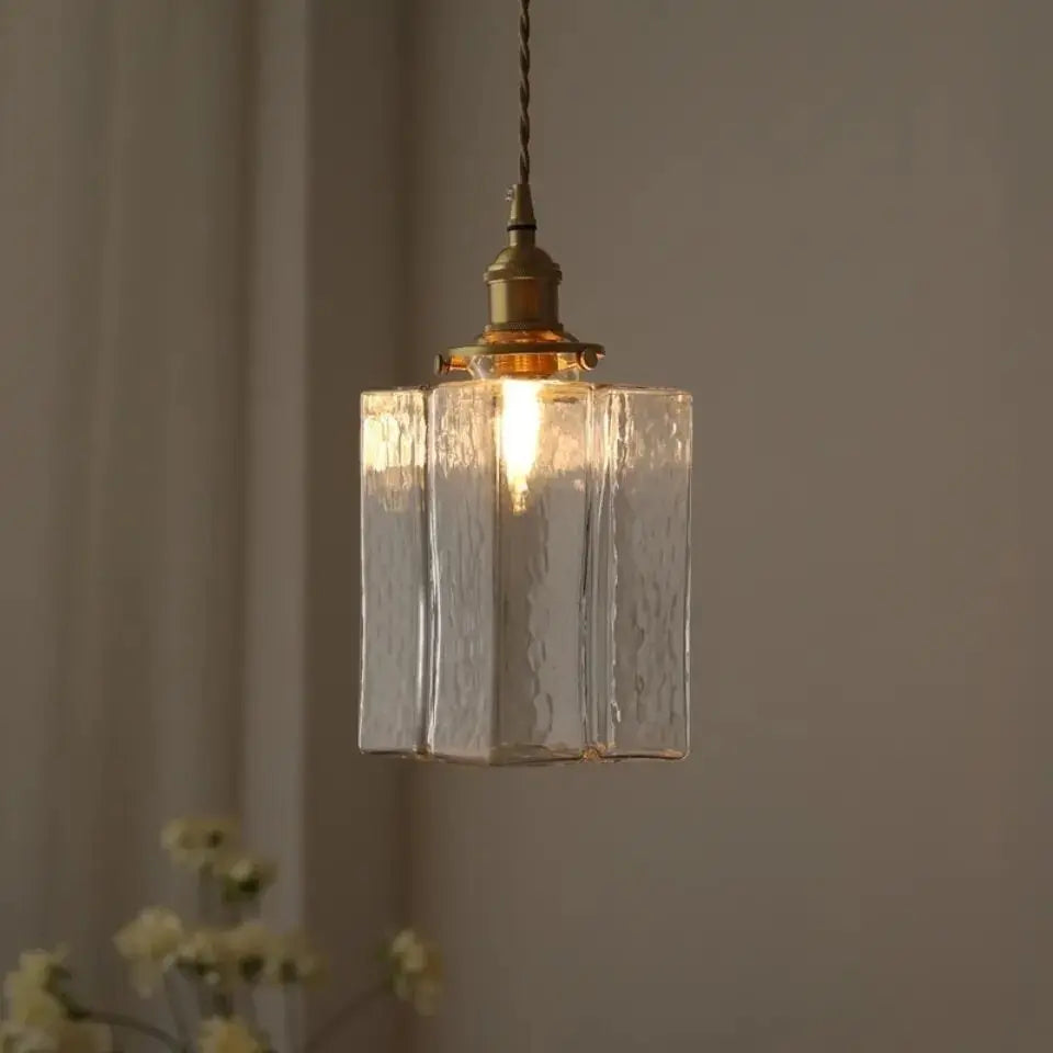 Traditional Vintage Rectangular Brass Glass 1-light Pendant Light for Living Room BulbSquare
