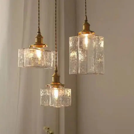 Traditional Vintage Rectangular Brass Glass 1-light Pendant Light for Living Room BulbSquare