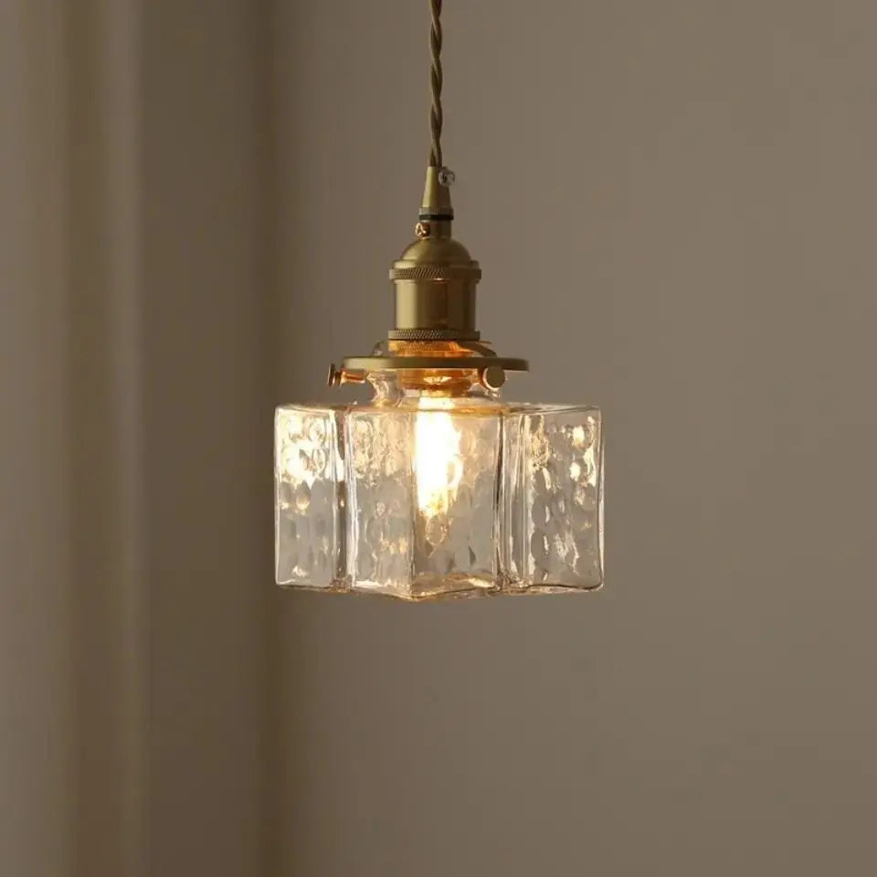 Traditional Vintage Rectangular Brass Glass 1-light Pendant Light for Living Room BulbSquare