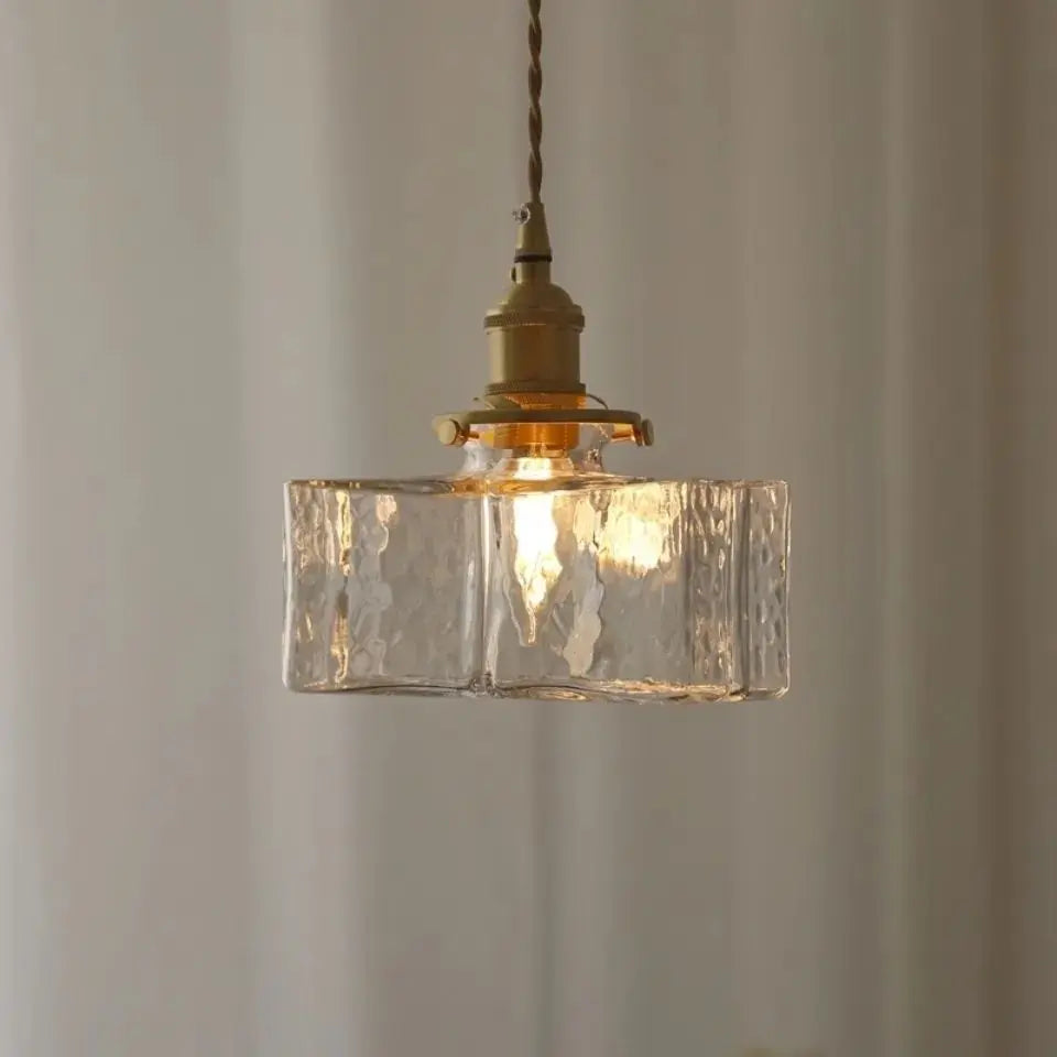 Traditional Vintage Rectangular Brass Glass 1-light Pendant Light for Living Room BulbSquare
