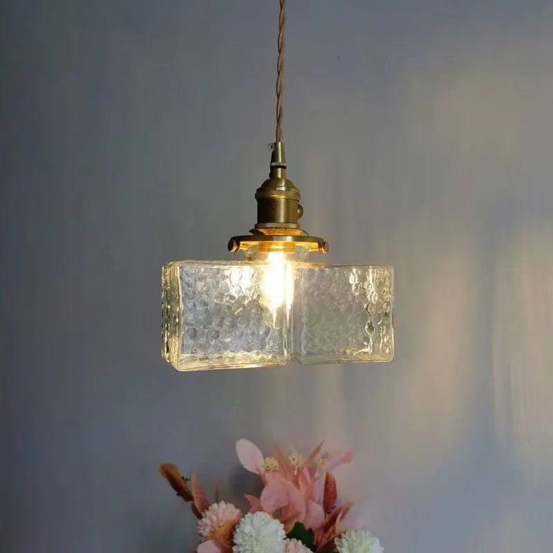 Traditional Vintage Rectangular Brass Glass 1-light Pendant Light for Living Room BulbSquare