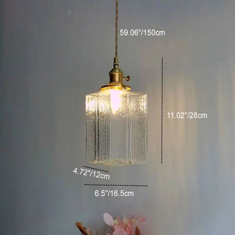 Traditional Vintage Rectangular Brass Glass 1-light Pendant Light for Living Room BulbSquare
