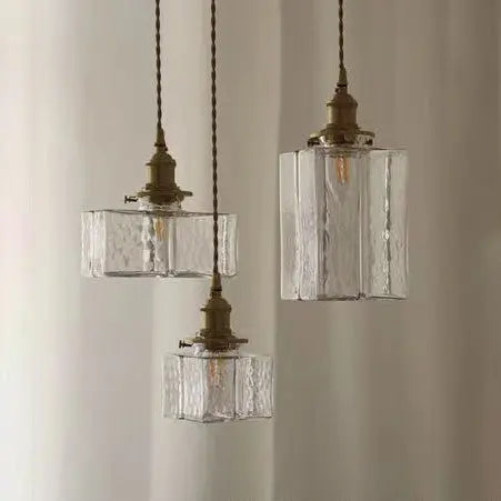 Traditional Vintage Rectangular Brass Glass 1-light Pendant Light for Living Room BulbSquare