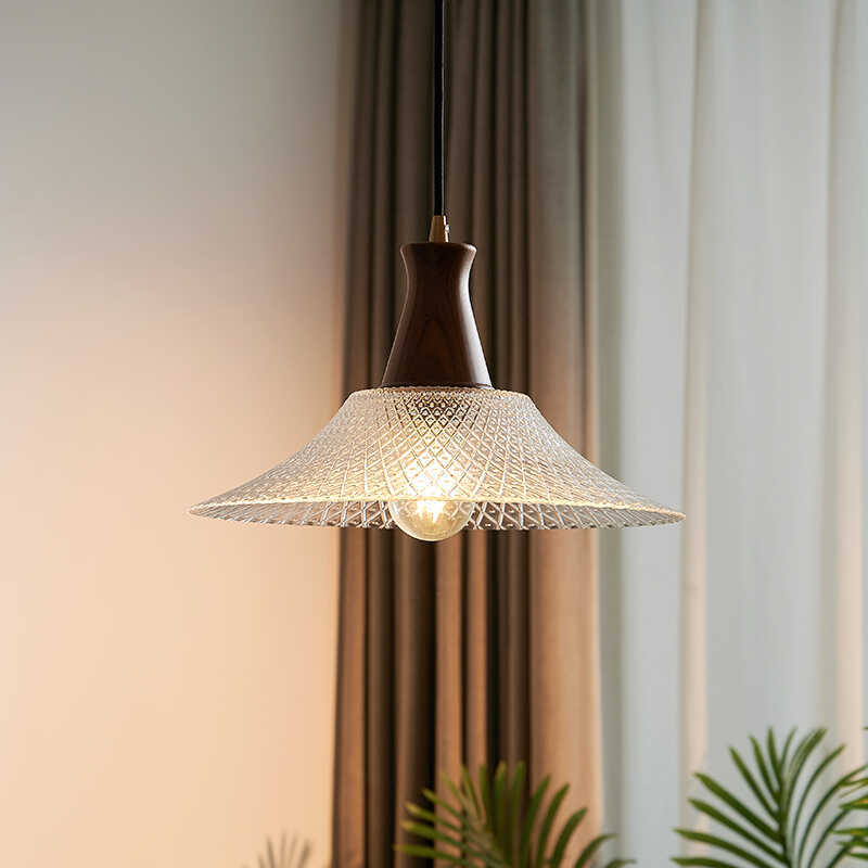 Traditional Japanese Round Cone Brass Wood Glass Shade 1-light Pendant Light for Living Room