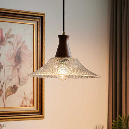 Traditional Japanese Round Cone Brass Wood Glass Shade 1-light Pendant Light for Living Room