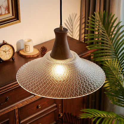 Traditional Japanese Round Cone Brass Wood Glass Shade 1-light Pendant Light for Living Room