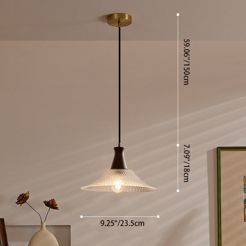 Traditional Japanese Round Cone Brass Wood Glass Shade 1-light Pendant Light for Living Room