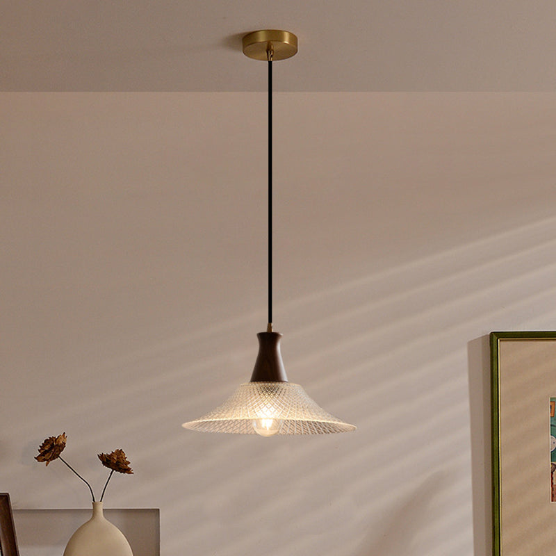 Traditional Japanese Round Cone Brass Wood Glass Shade 1-light Pendant Light for Living Room