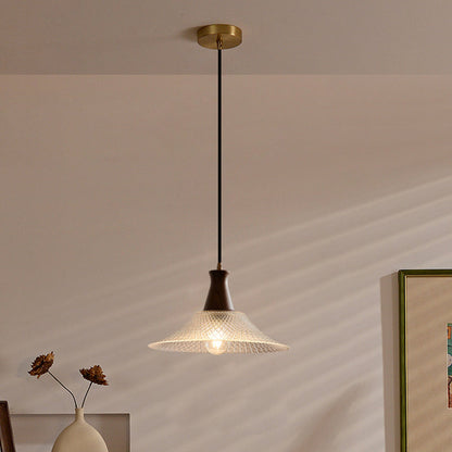 Traditional Japanese Round Cone Brass Wood Glass Shade 1-light Pendant Light for Living Room