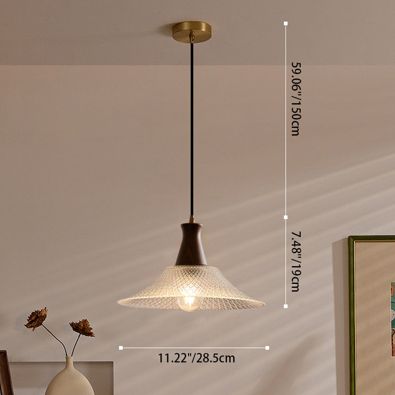 Traditional Japanese Round Cone Brass Wood Glass Shade 1-light Pendant Light for Living Room