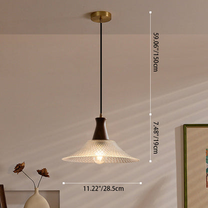 Traditional Japanese Round Cone Brass Wood Glass Shade 1-light Pendant Light for Living Room