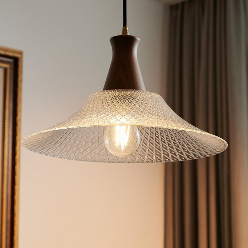 Traditional Japanese Round Cone Brass Wood Glass Shade 1-light Pendant Light for Living Room