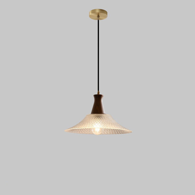 Traditional Japanese Round Cone Brass Wood Glass Shade 1-light Pendant Light for Living Room