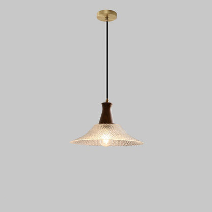 Traditional Japanese Round Cone Brass Wood Glass Shade 1-light Pendant Light for Living Room