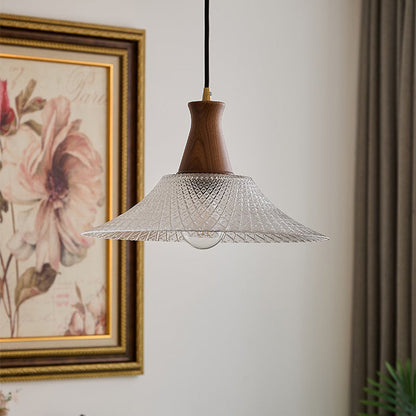 Traditional Japanese Round Cone Brass Wood Glass Shade 1-light Pendant Light for Living Room