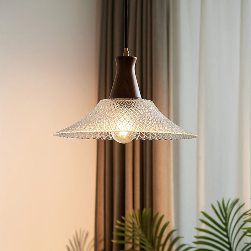 Traditional Japanese Round Cone Brass Wood Glass Shade 1-light Pendant Light for Living Room