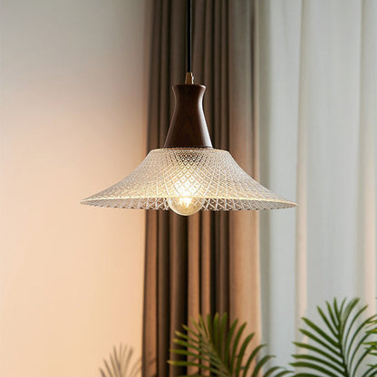 Traditional Japanese Round Cone Brass Wood Glass Shade 1-light Pendant Light for Living Room