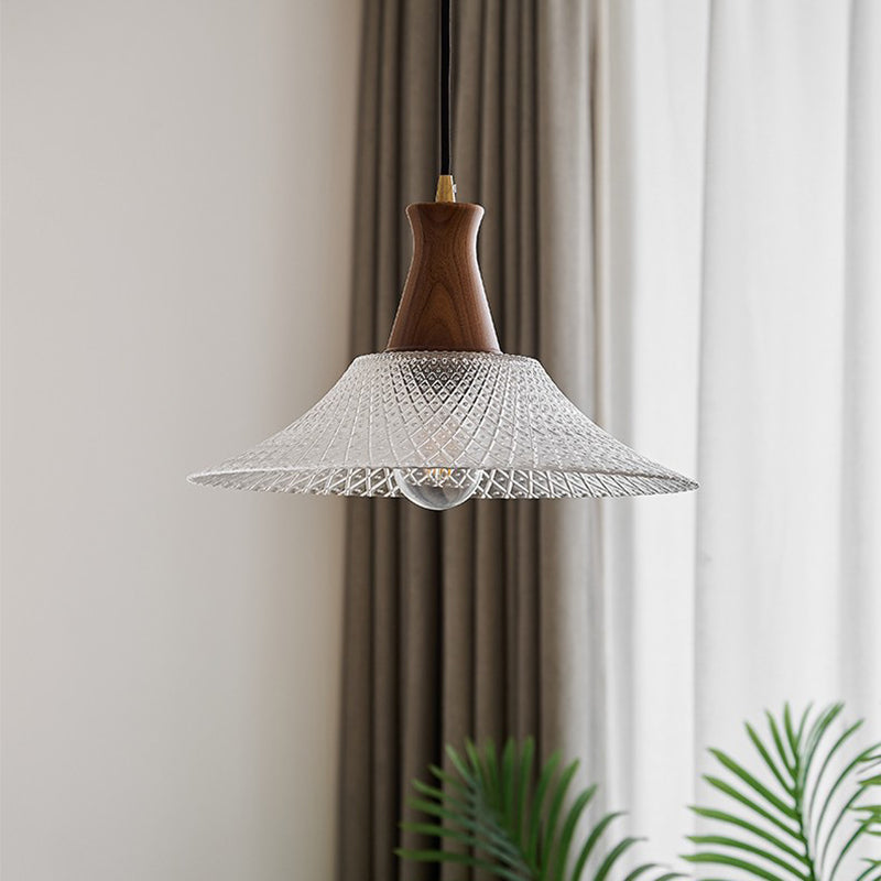 Traditional Japanese Round Cone Brass Wood Glass Shade 1-light Pendant Light for Living Room