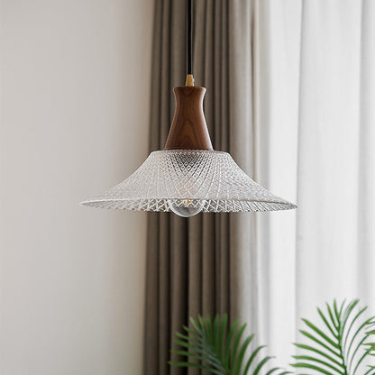 Traditional Japanese Round Cone Brass Wood Glass Shade 1-light Pendant Light for Living Room